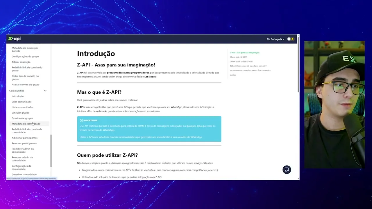 Documentação da Z-API mostrando introdução e funcionalidades