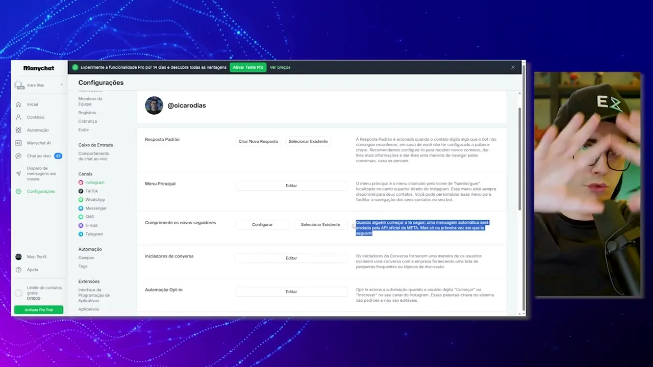 Tela de configurações do Manychat mostrando a opção Cumprimente os novos seguidores destacada