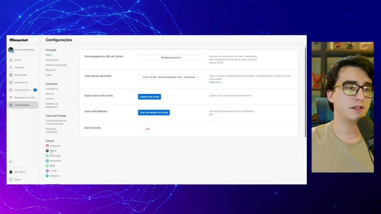 Tela de configurações gerais do ManyChat mostrando canais conectados