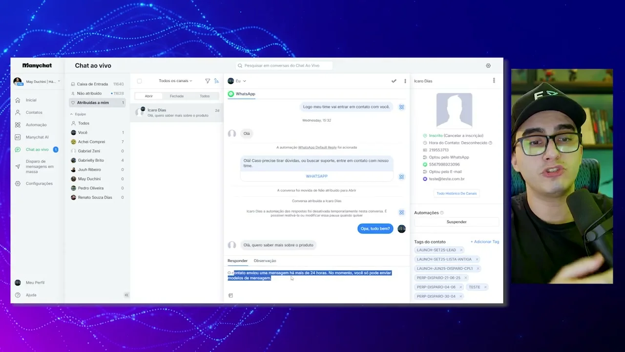 Tela do Manychat mostrando chat ao vivo com conversa do WhatsApp e aviso de janela de 24 horas