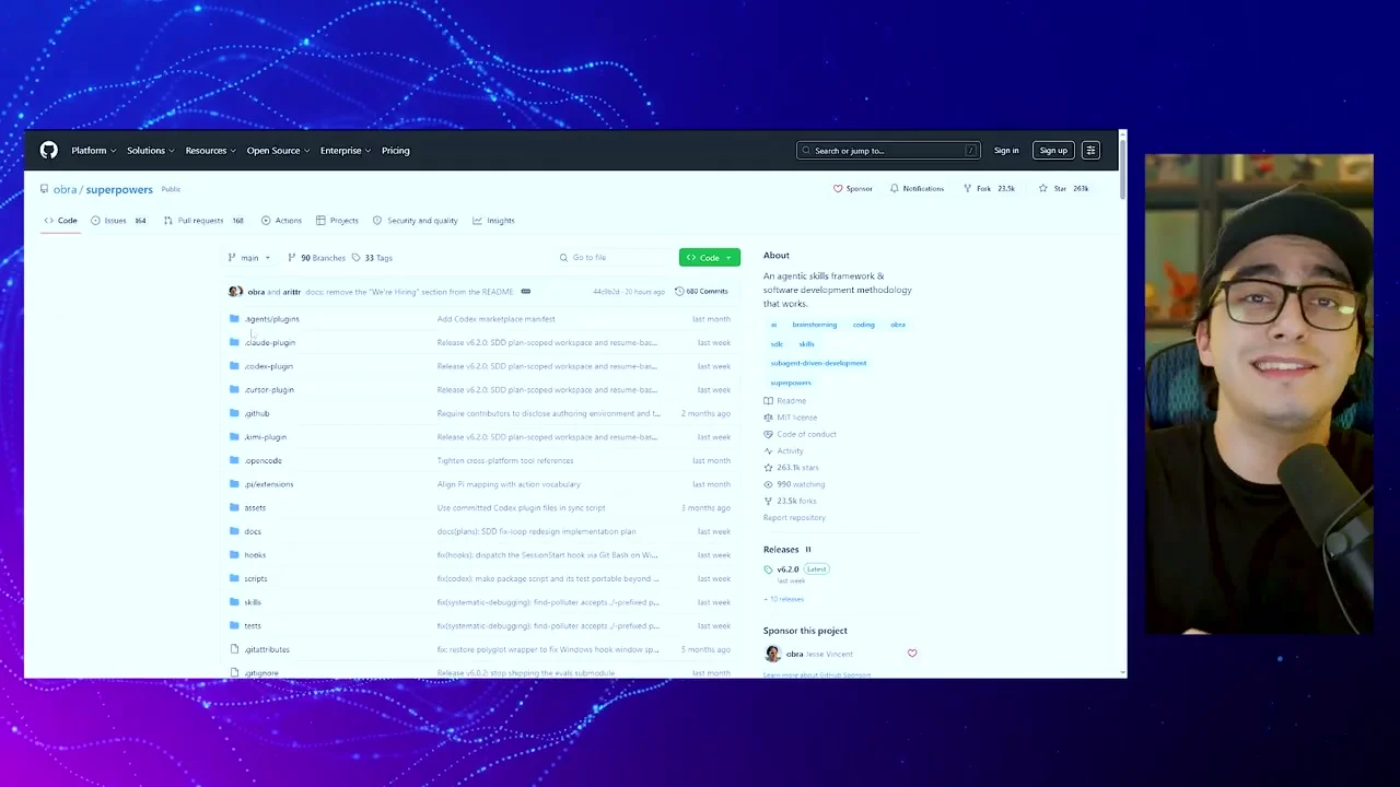 Repositório GitHub do projeto superpowers com pastas de skills