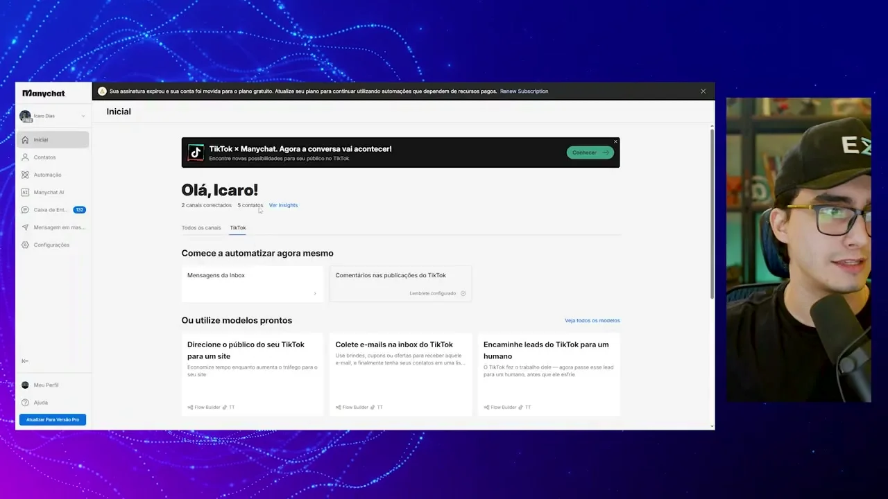 Painel do ManyChat mostrando canal conectado ao TikTok e modelos de automação