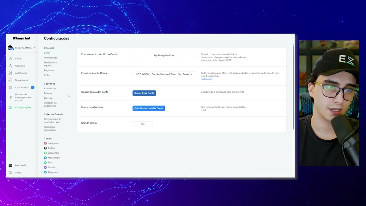 Tela de configurações do Manychat mostrando opções da conta