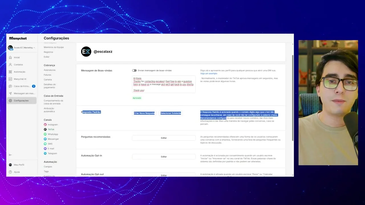 Tela de resposta padrão e automações do TikTok no ManyChat