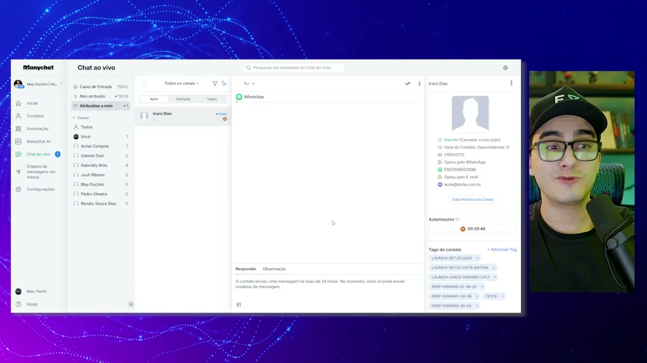Tela do Manychat com chat vazio e aviso de mensagem enviada há mais de 24 horas