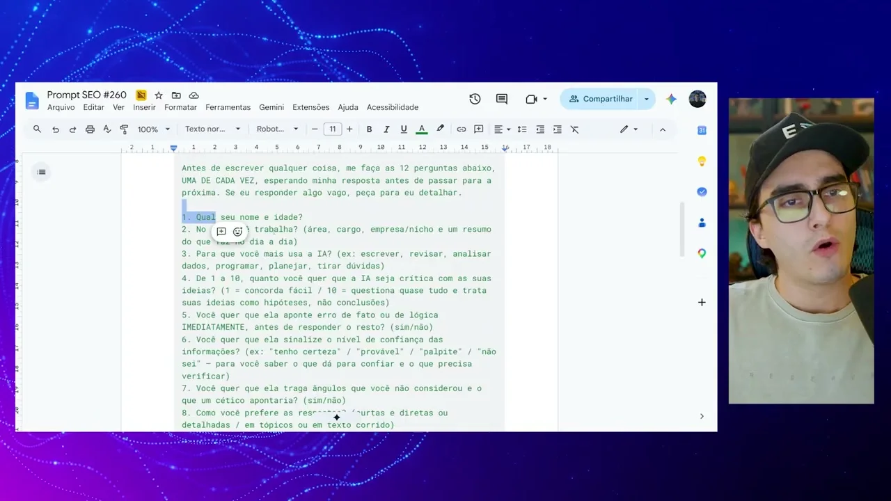 Prompt com as 12 perguntas para montar o texto de personalização da IA, aberto no Google Docs