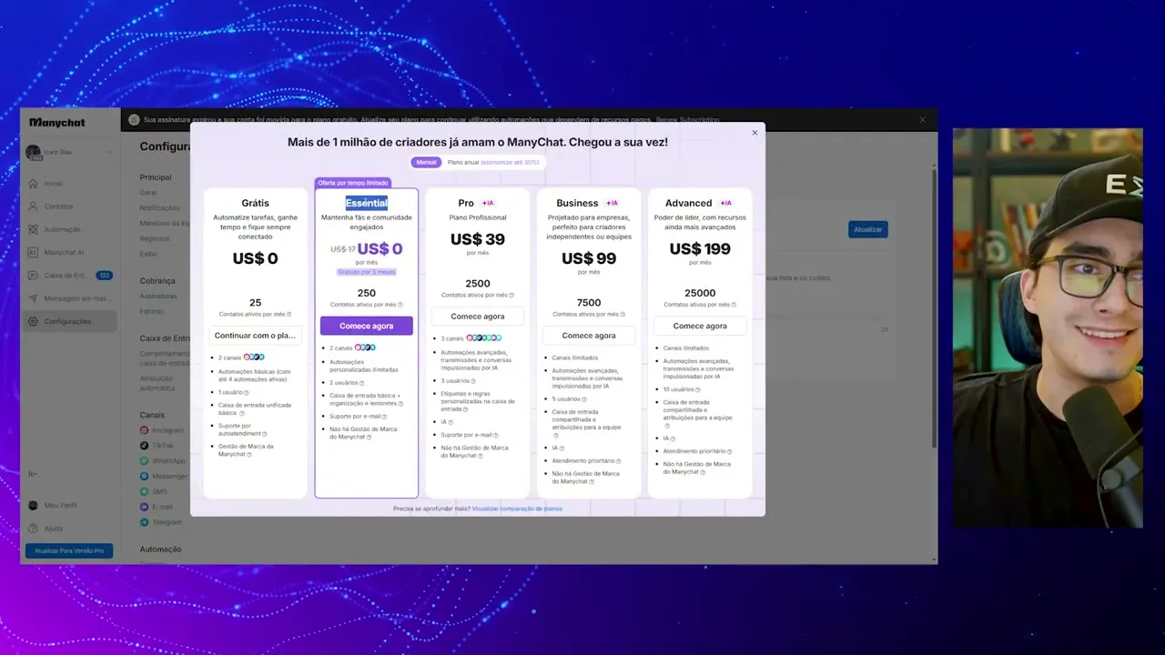 Tela de planos do ManyChat com preços comparativos entre Grátis, Essential, Pro, Business e Advanced