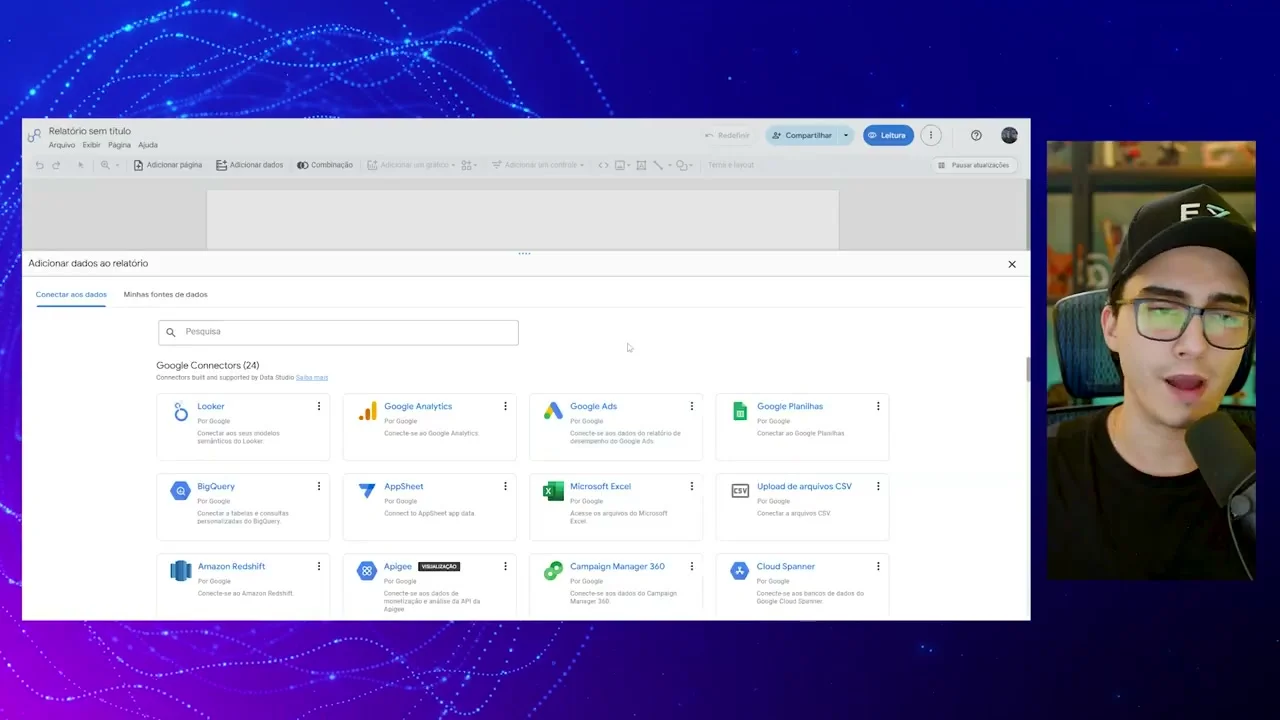 Painel de conectores de dados do Looker Studio mostrando Google Ads e outras fontes