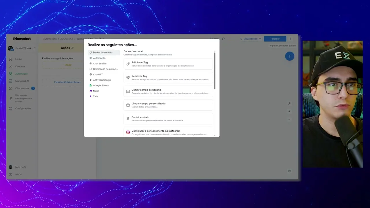 Menu de ações do Manychat com opções de automação