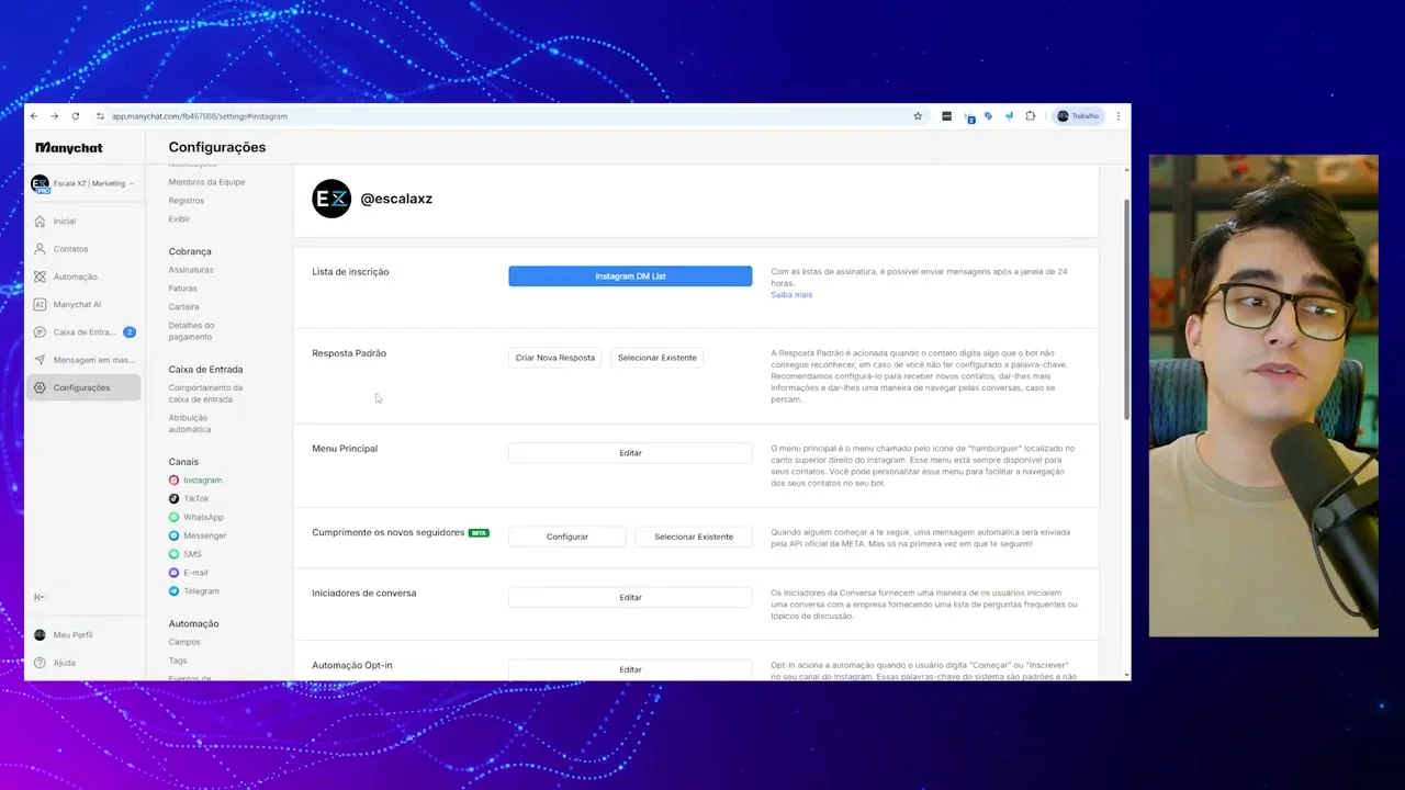 Tela de configurações do ManyChat com opção de cumprimentar novos seguidores