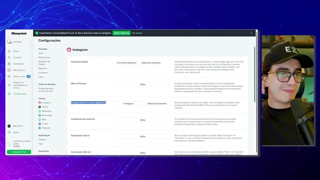 Configurações do Manychat com campo Cumprimente os novos seguidores selecionado e texto explicativo