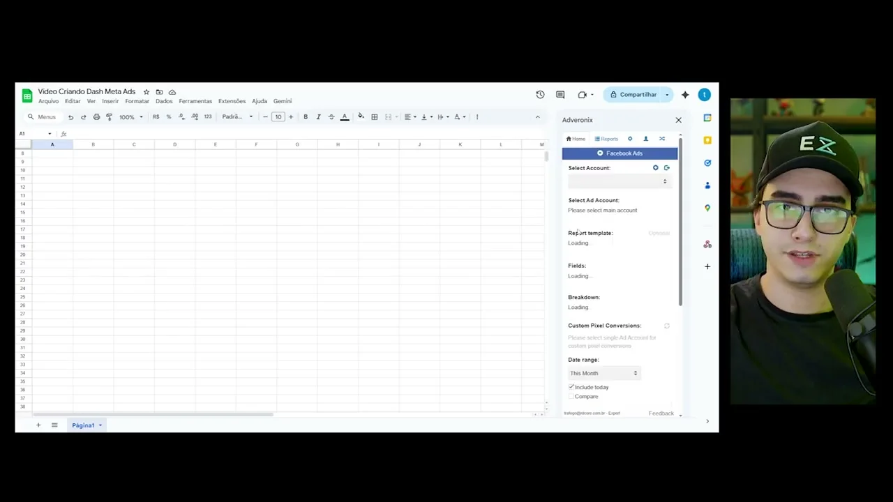 Planilha do Google Sheets com painel lateral do complemento Adveronix para conectar conta de anúncios