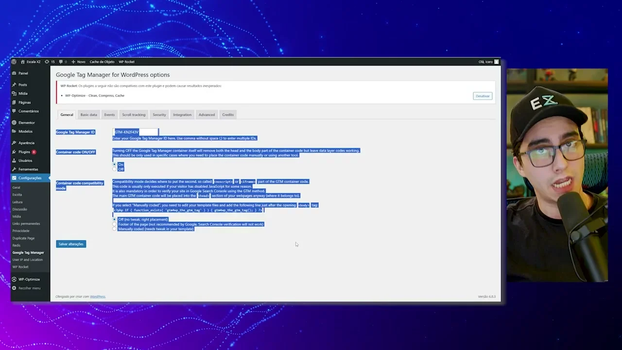 Configurações do GTM selecionadas em destaque no WordPress