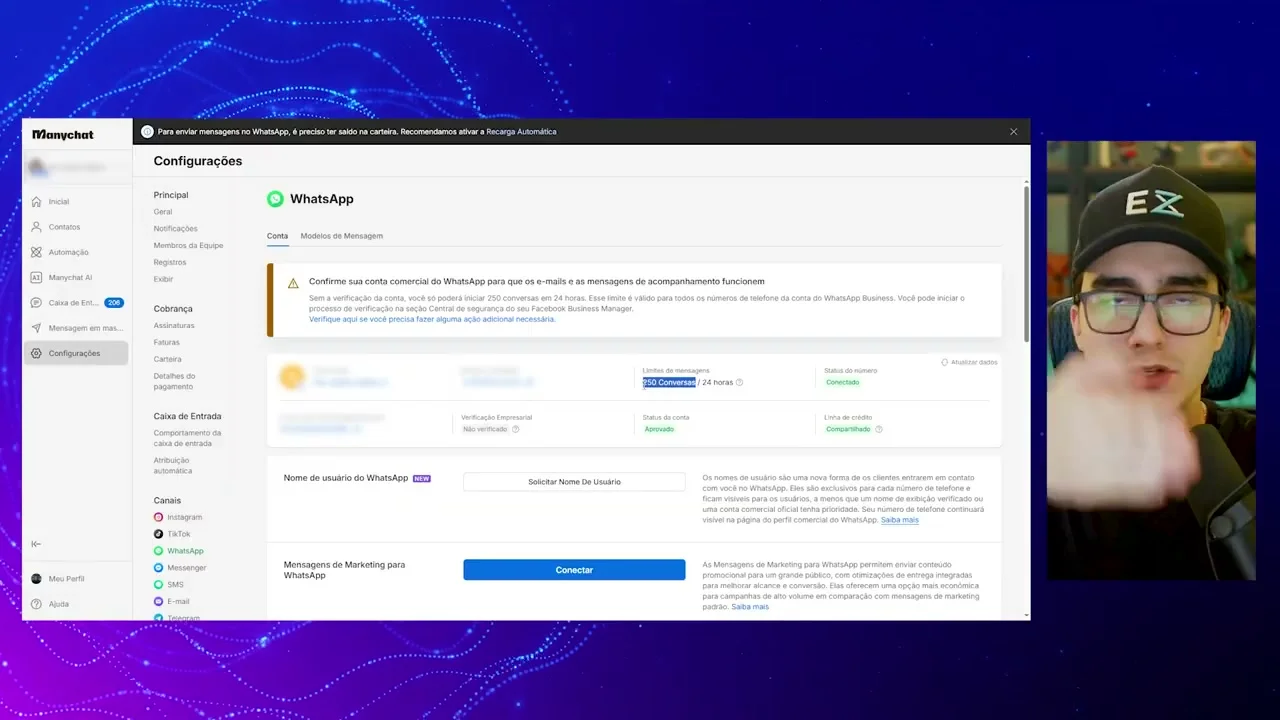 Configurações do WhatsApp no ManyChat mostrando limite de conversas e status de verificação