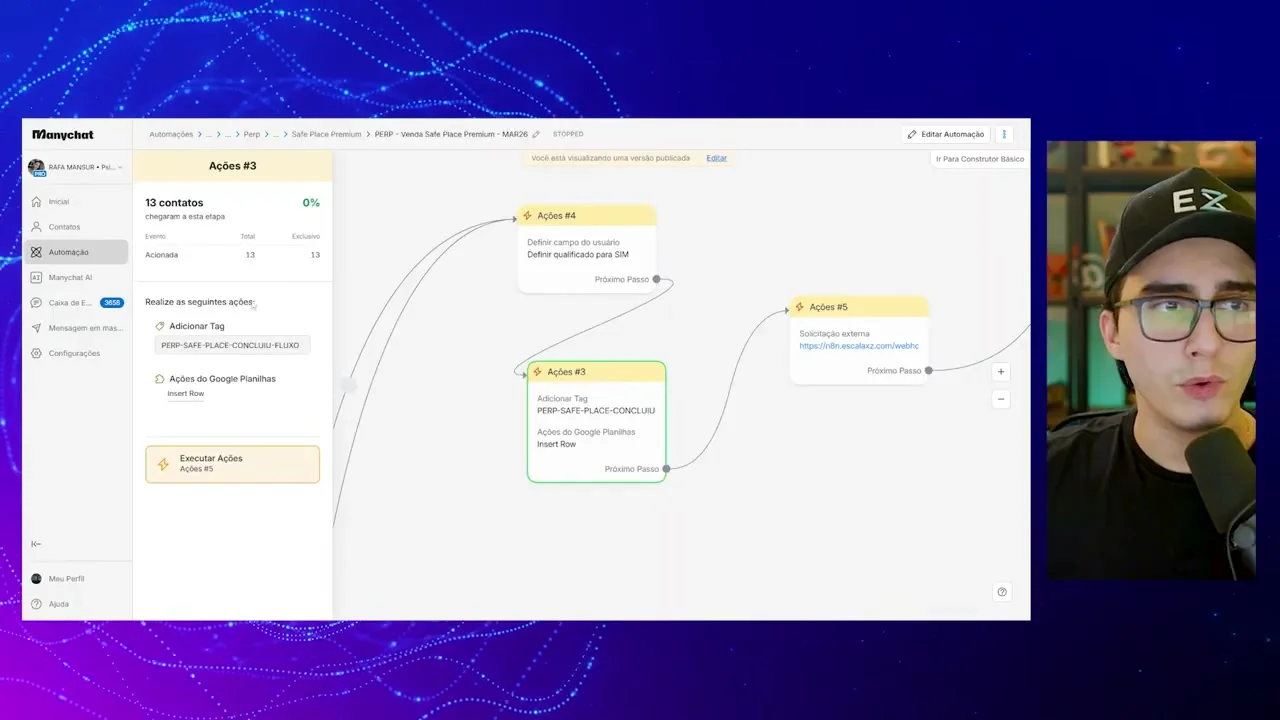 Editor de automação do ManyChat com ações e tags configuradas
