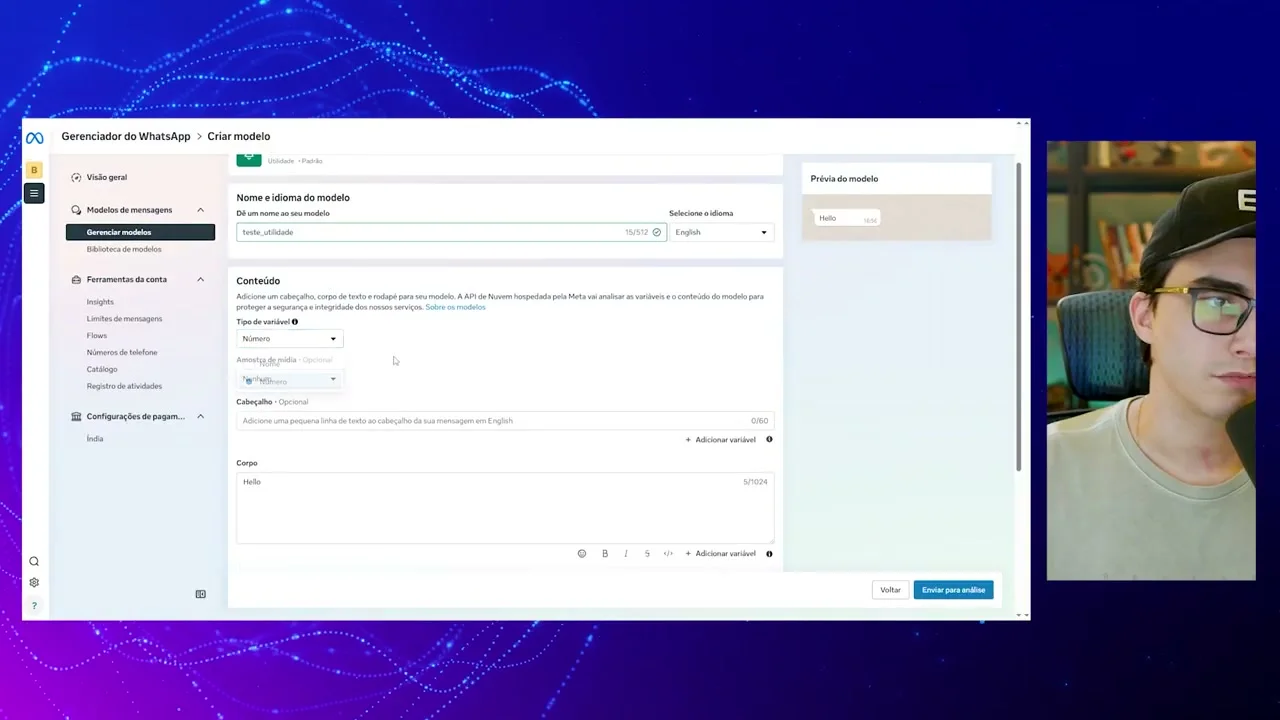 Formulário de criação de modelo de template no gerenciador Meta
