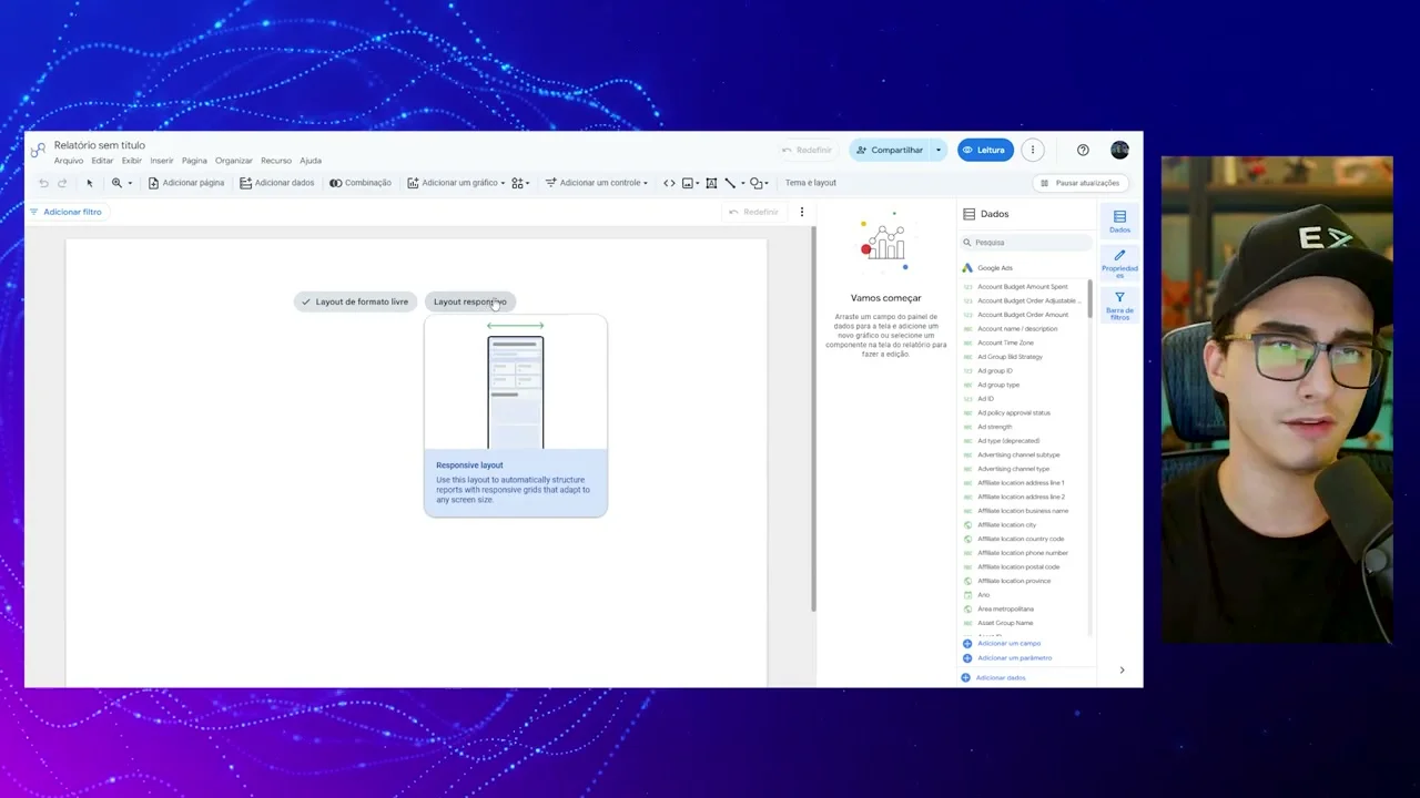 Tela de criação de relatório com opções de layout responsivo no Looker Studio