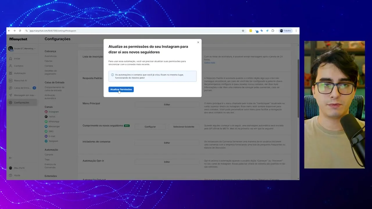 Pop-up de atualização de permissões do Instagram no ManyChat