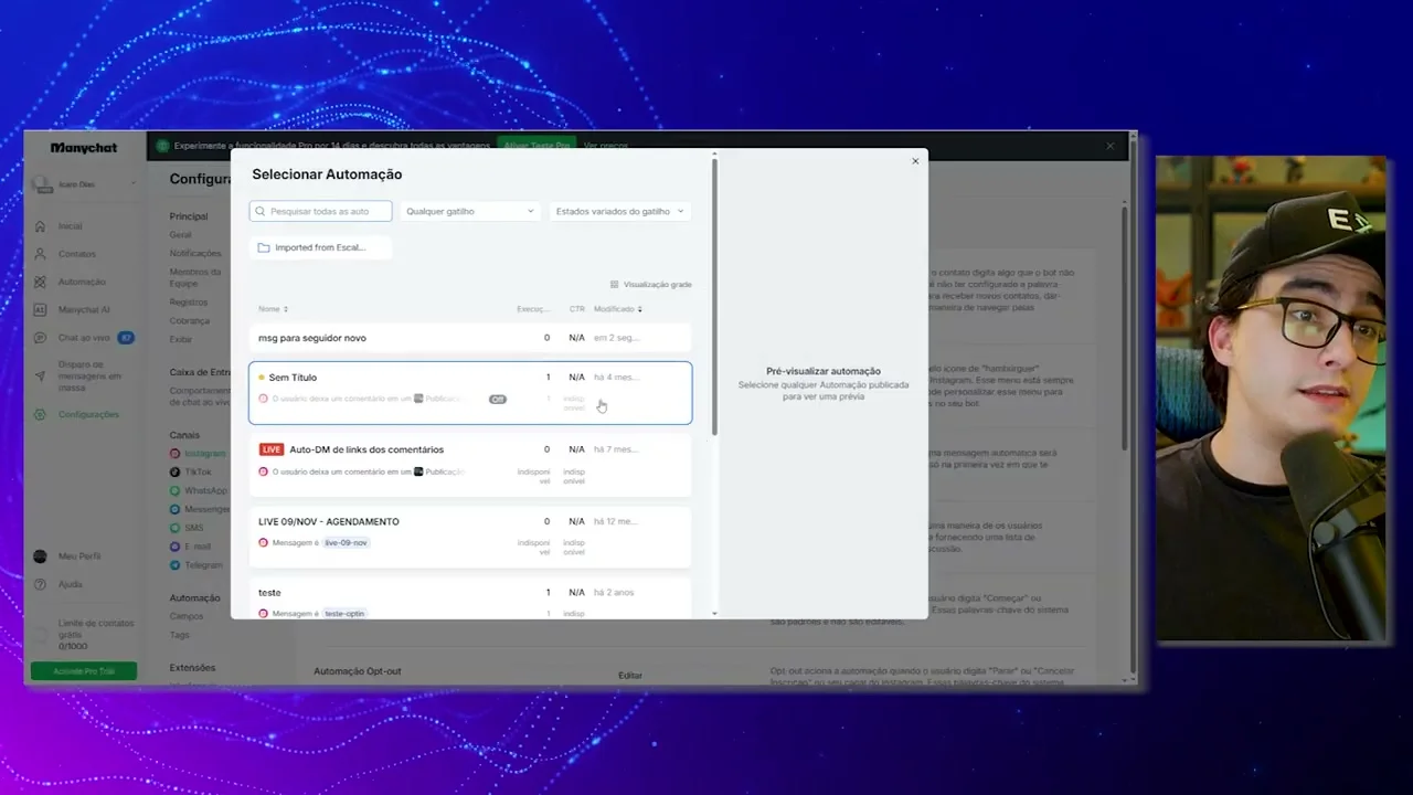 Janela Selecionar Automação no Manychat com lista de automações disponíveis