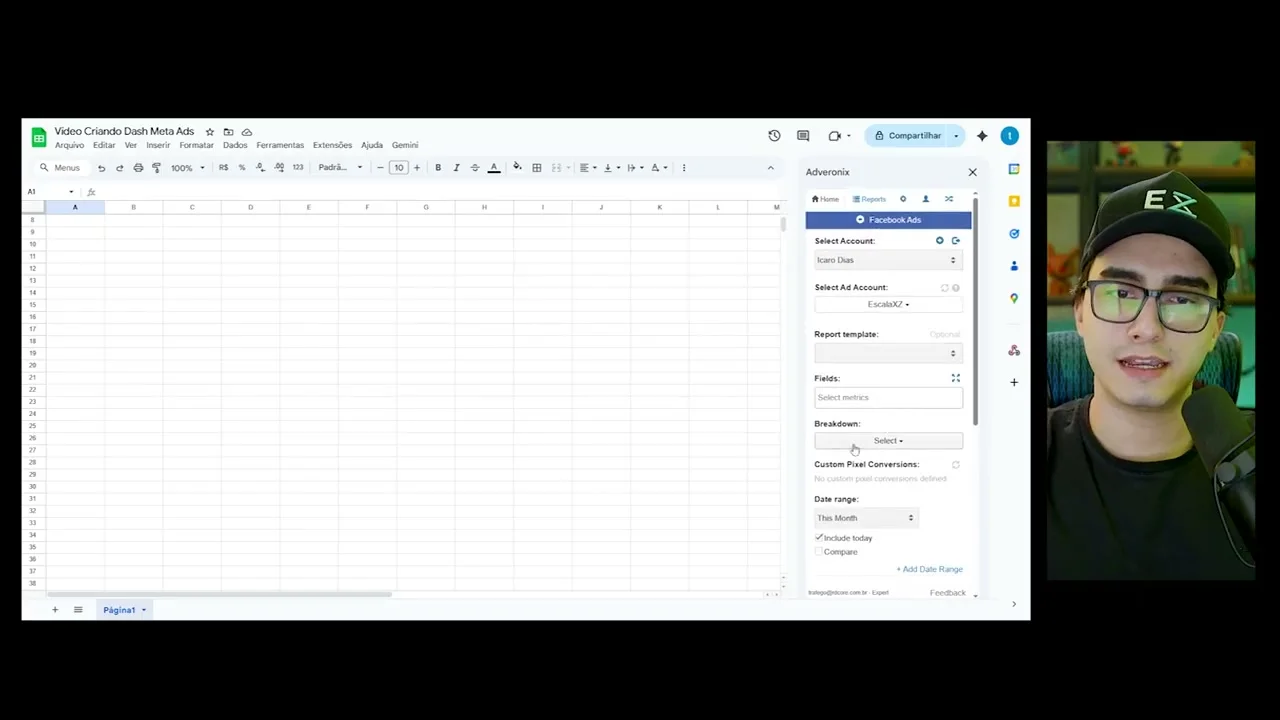 Configuração do Adveronix selecionando conta de anúncios do Facebook Ads na planilha