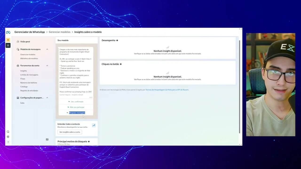 Painel de insights sobre desempenho do modelo de mensagem