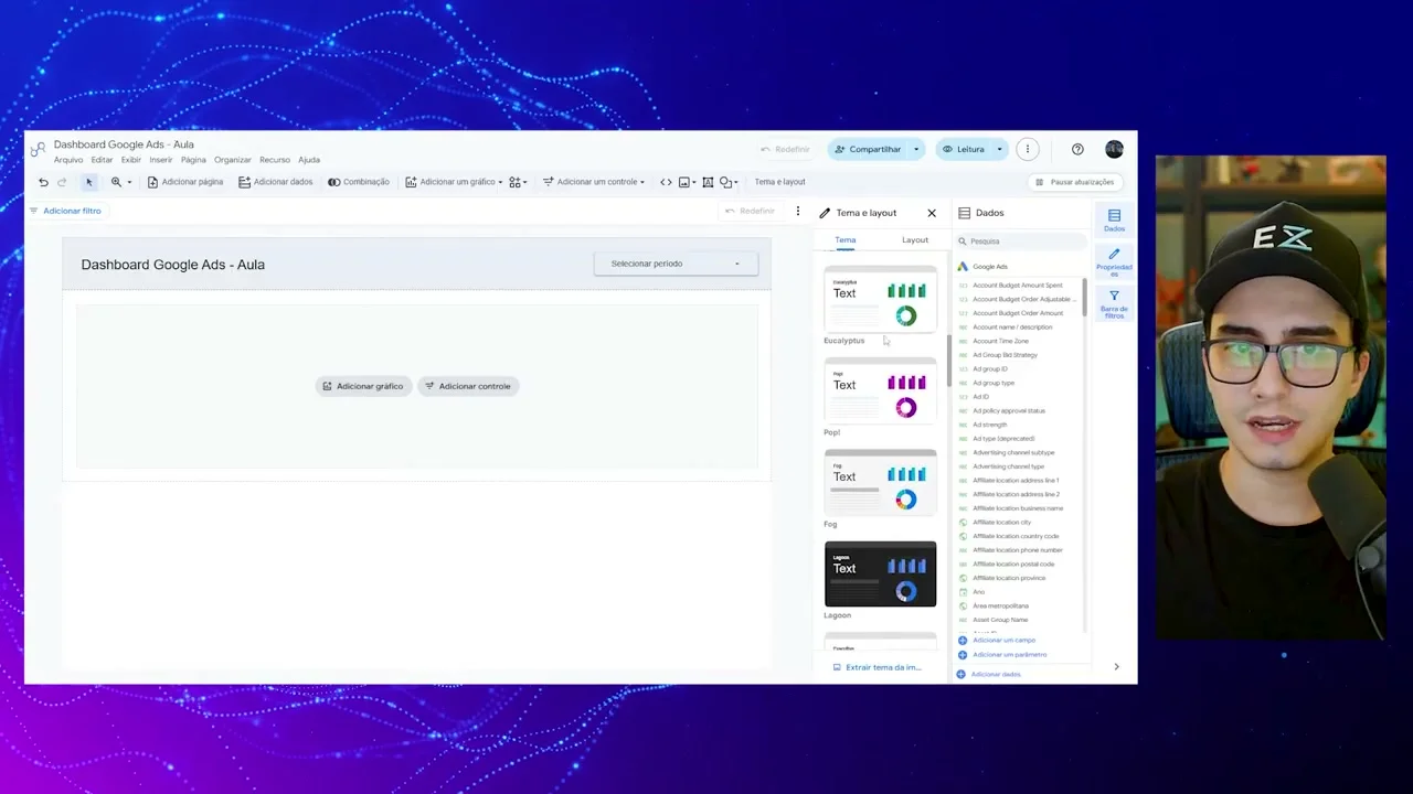Editor de temas e layout do dashboard com painel de dados do Google Ads
