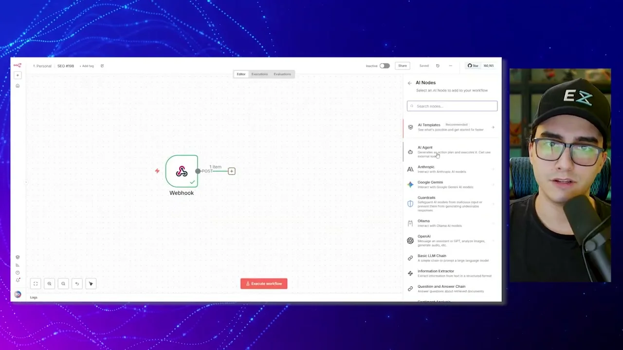 Painel de seleção de nós de IA no N8N incluindo AI Agent