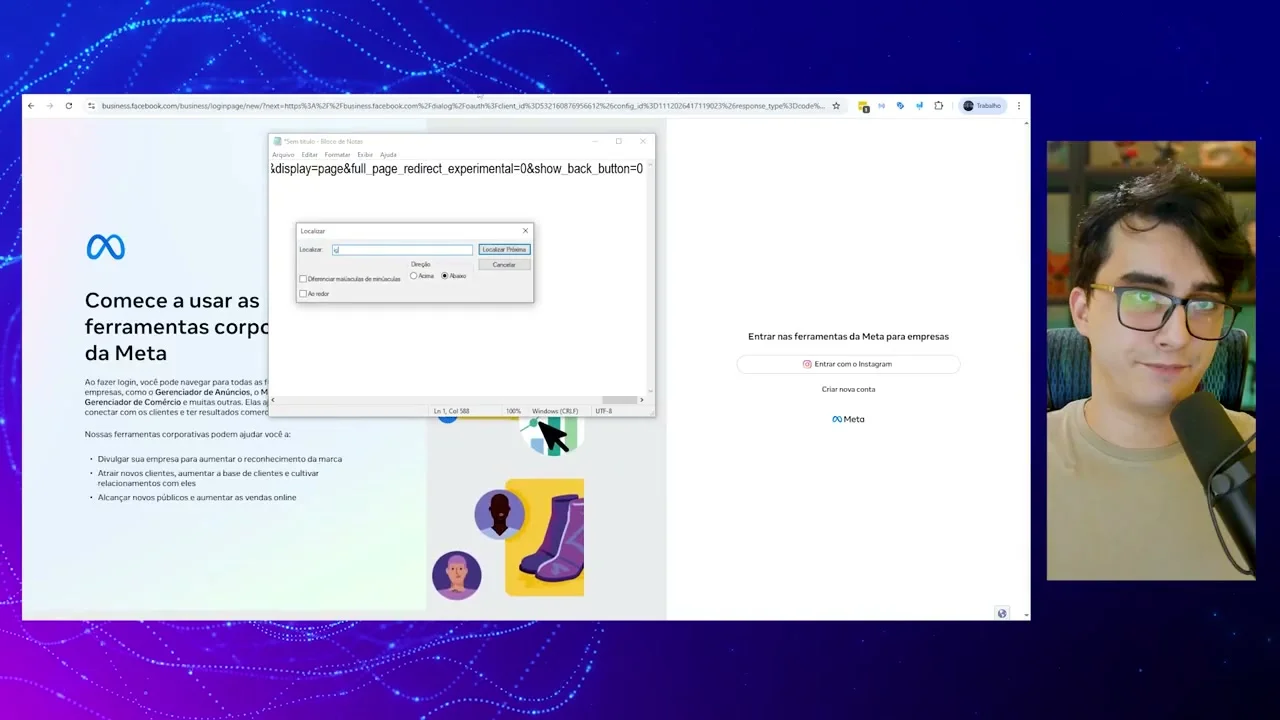 Página de login das ferramentas corporativas da Meta com bloco de notas aberto