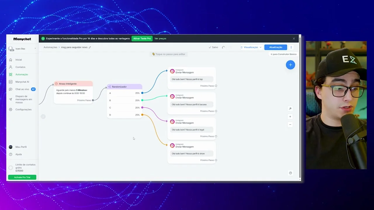 Fluxo de automação no Manychat com randomizador e mensagens de boas-vindas variadas