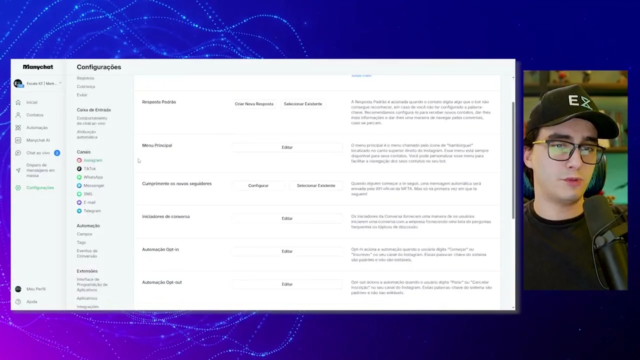 Tela de configurações do Manychat com opção Cumprimente os novos seguidores e menu lateral de canais
