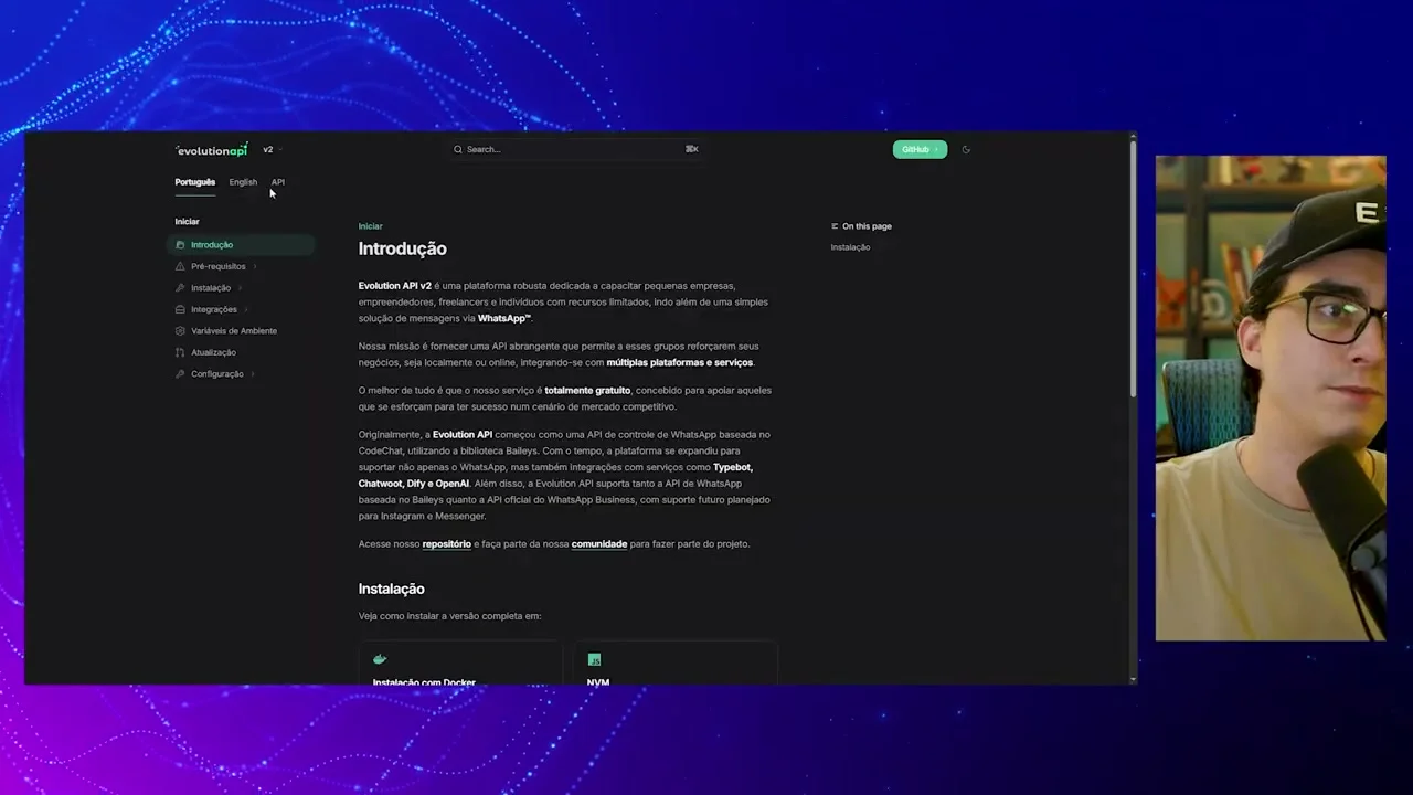 Documentação da Evolution API mostrando introdução e instalação