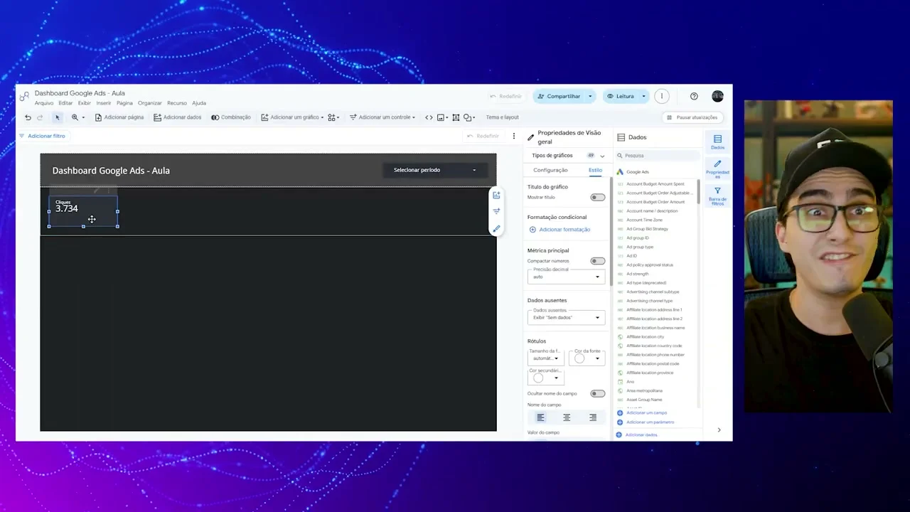 Configuração de scorecard mostrando número de cliques no dashboard