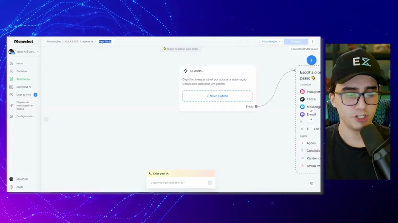 Automação do Manychat com opções de gatilho e canais