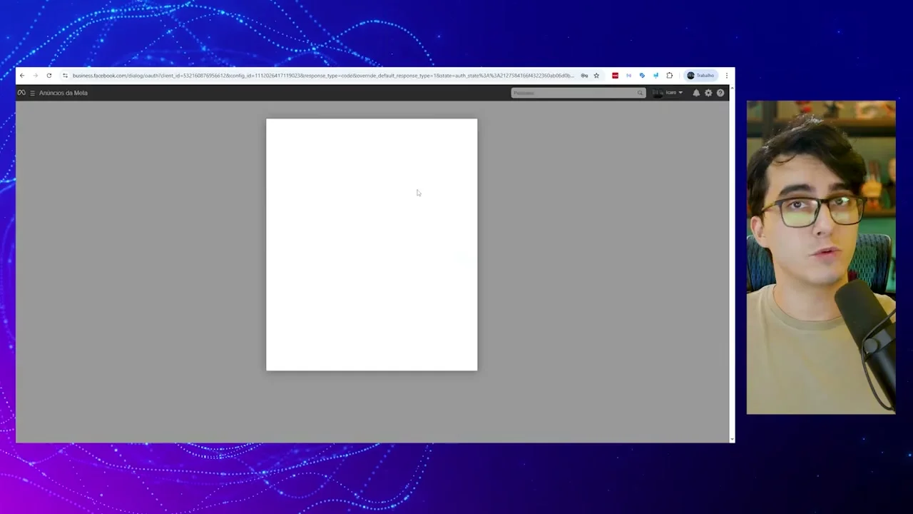 Página em branco carregando após tentativa de login na Meta
