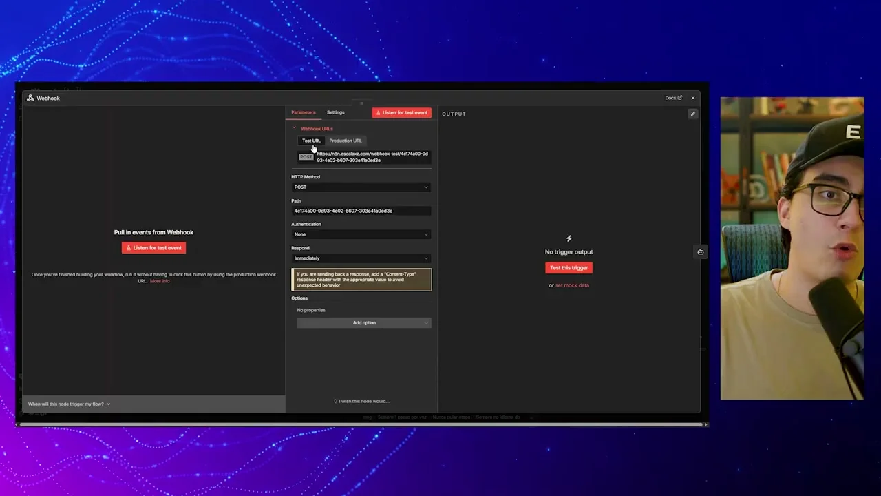 Configuração do nó Webhook no N8N com URLs de teste e produção