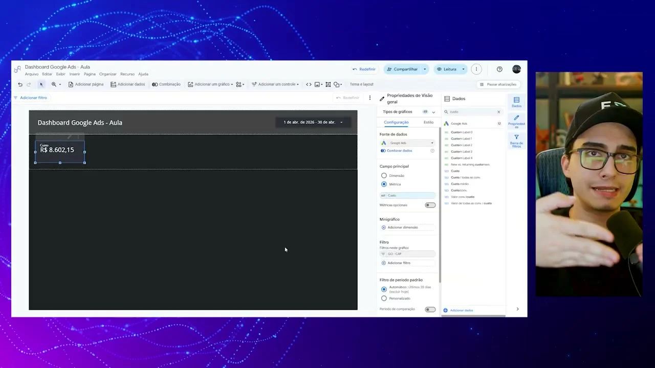 Configuração de scorecard de custo com valor em reais no painel de propriedades