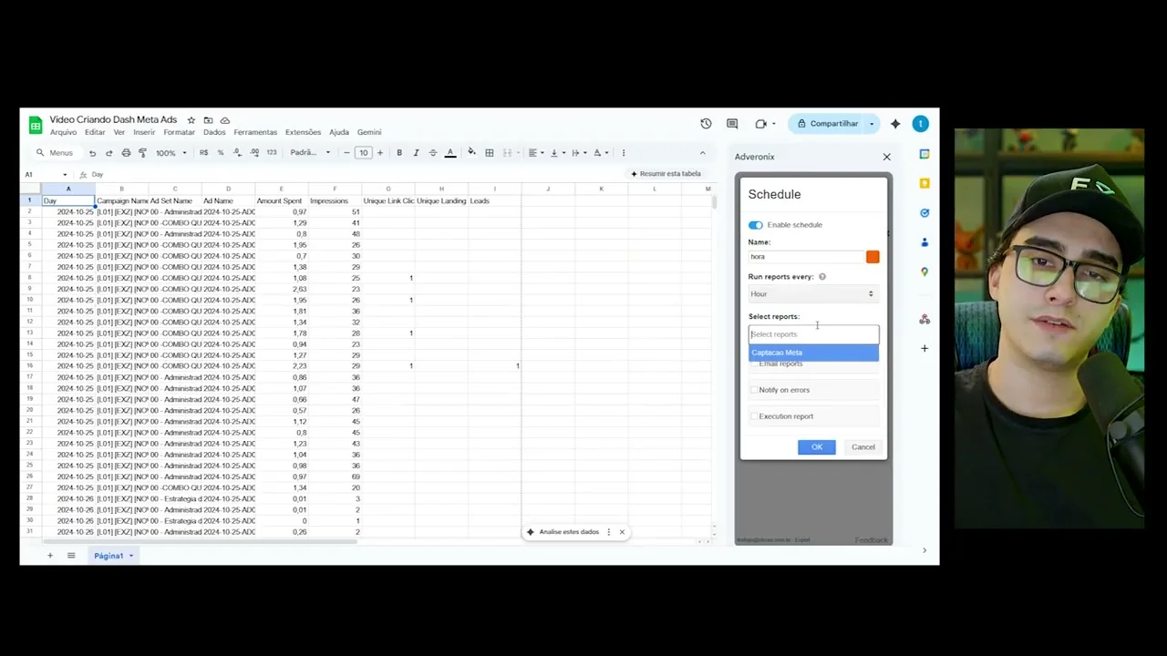 Planilha com dados de campanhas e configuração de agendamento de relatórios no Adveronix
