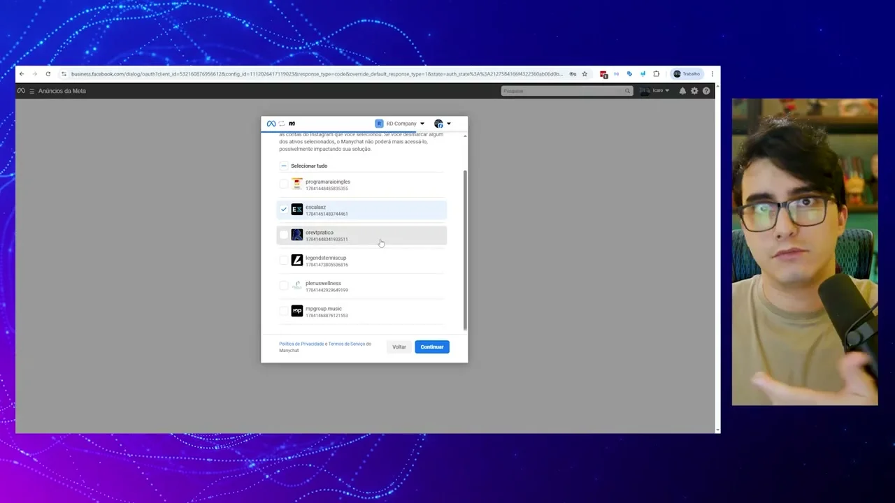 Lista de contas do Instagram para seleção de permissões no ManyChat