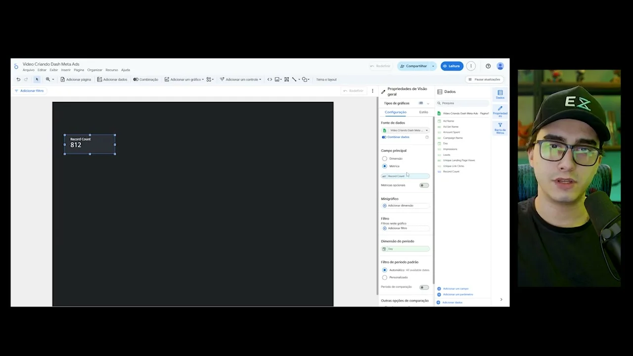 Configuração de propriedades de um card de métrica no Looker Studio com contagem de registros