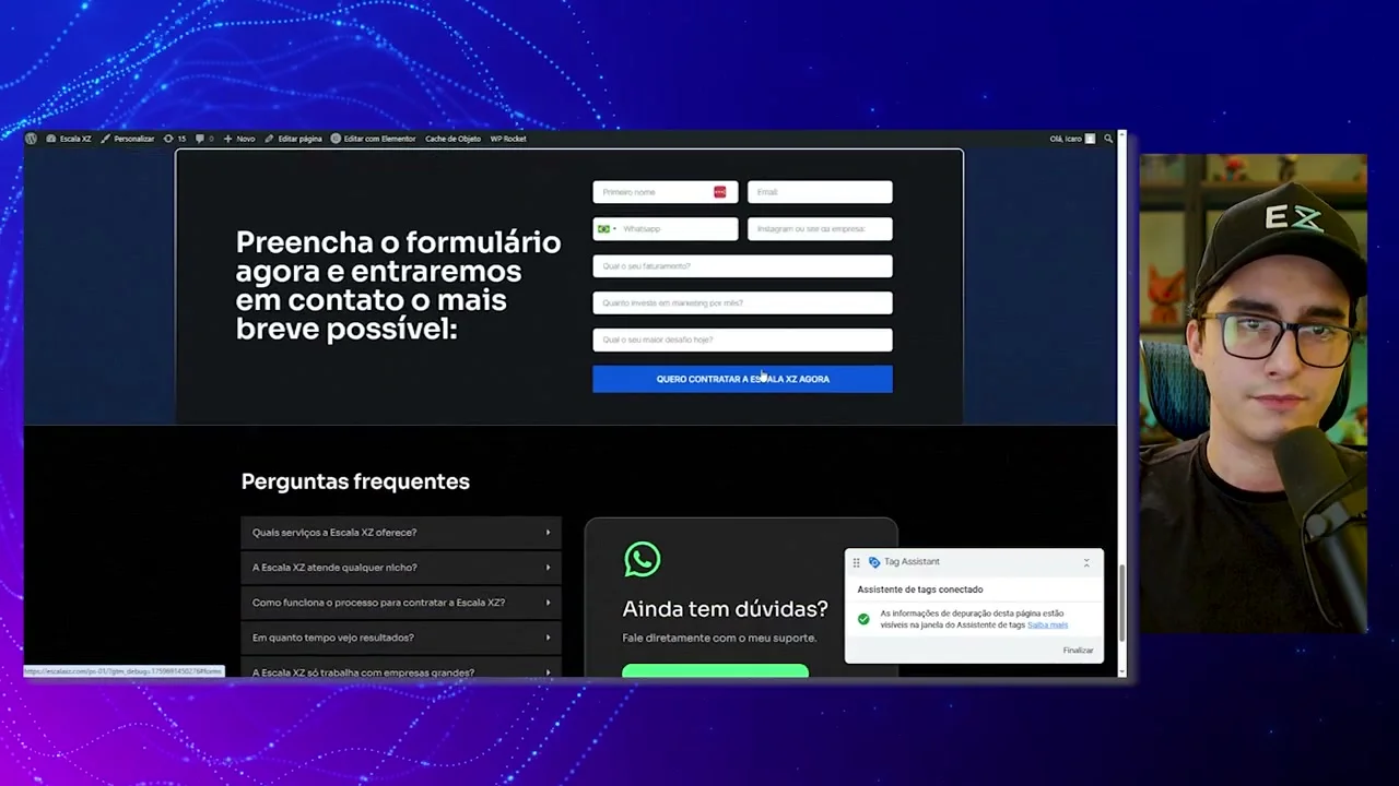 Página com formulário e Tag Assistant conectado mostrando debug