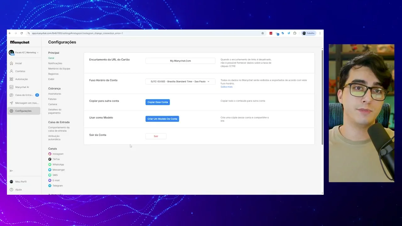 Configurações gerais da conta ManyChat com opções de conta e fuso horário