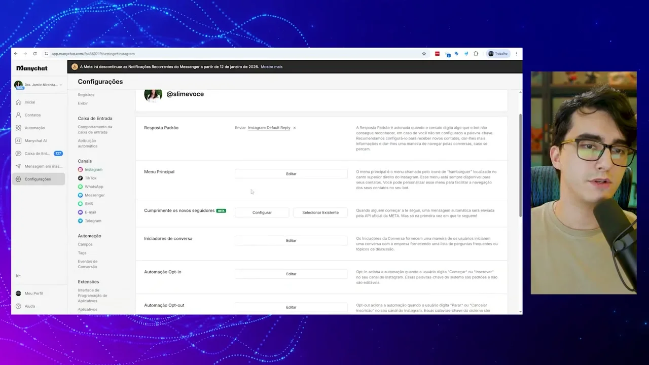 Tela de configurações do ManyChat mostrando opção de cumprimento a novos seguidores