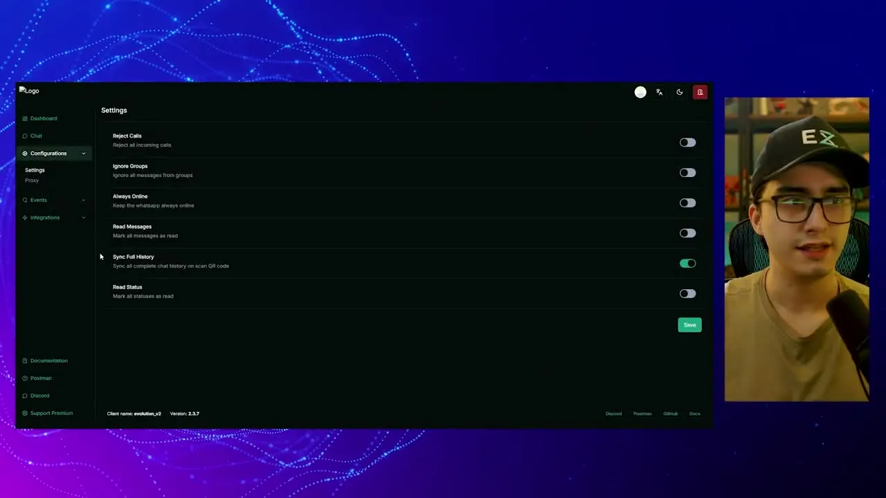 Tela Settings da Evolution API com a opção Sync Full History ativada