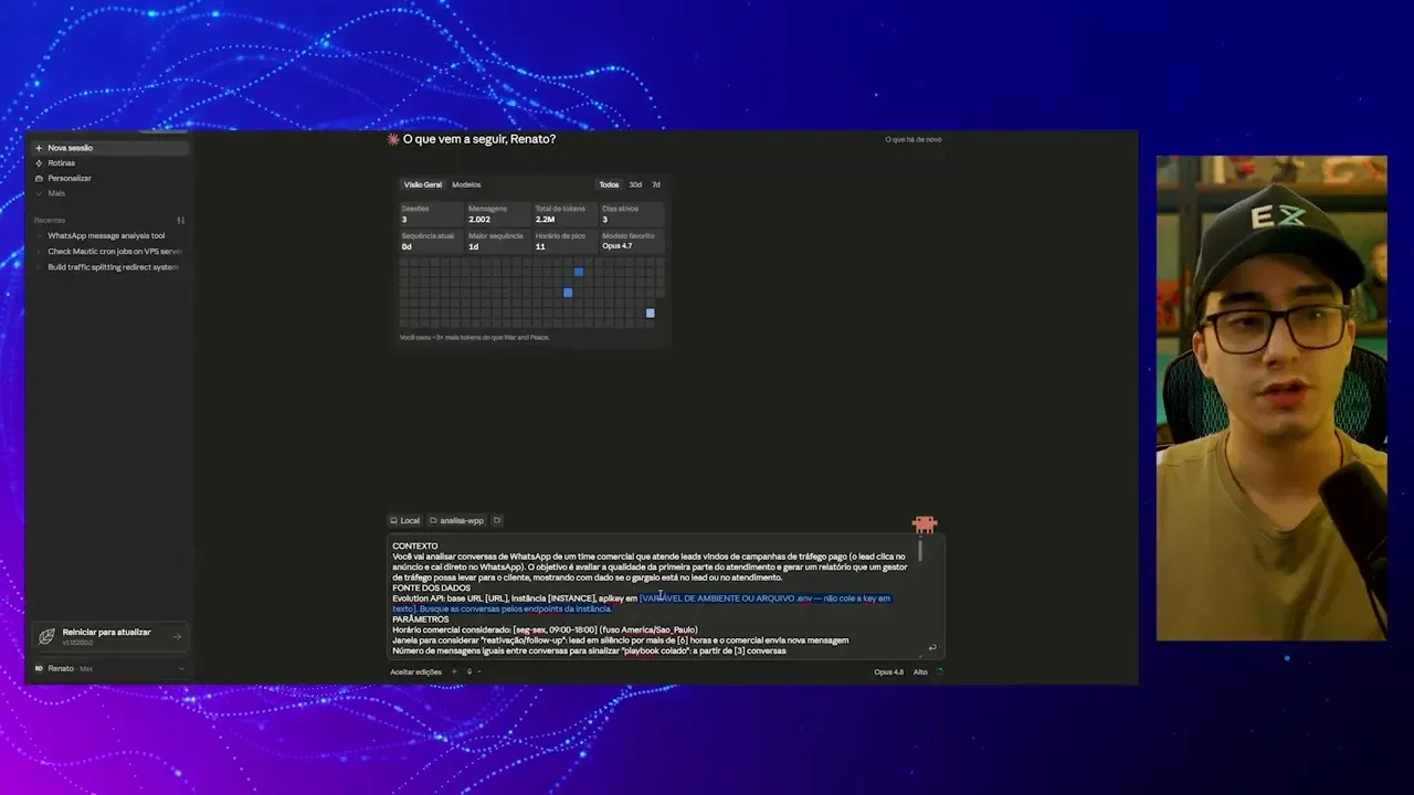 Prompt de análise de atendimento colado no Claude Code, com colchetes para URL, instância e API Key