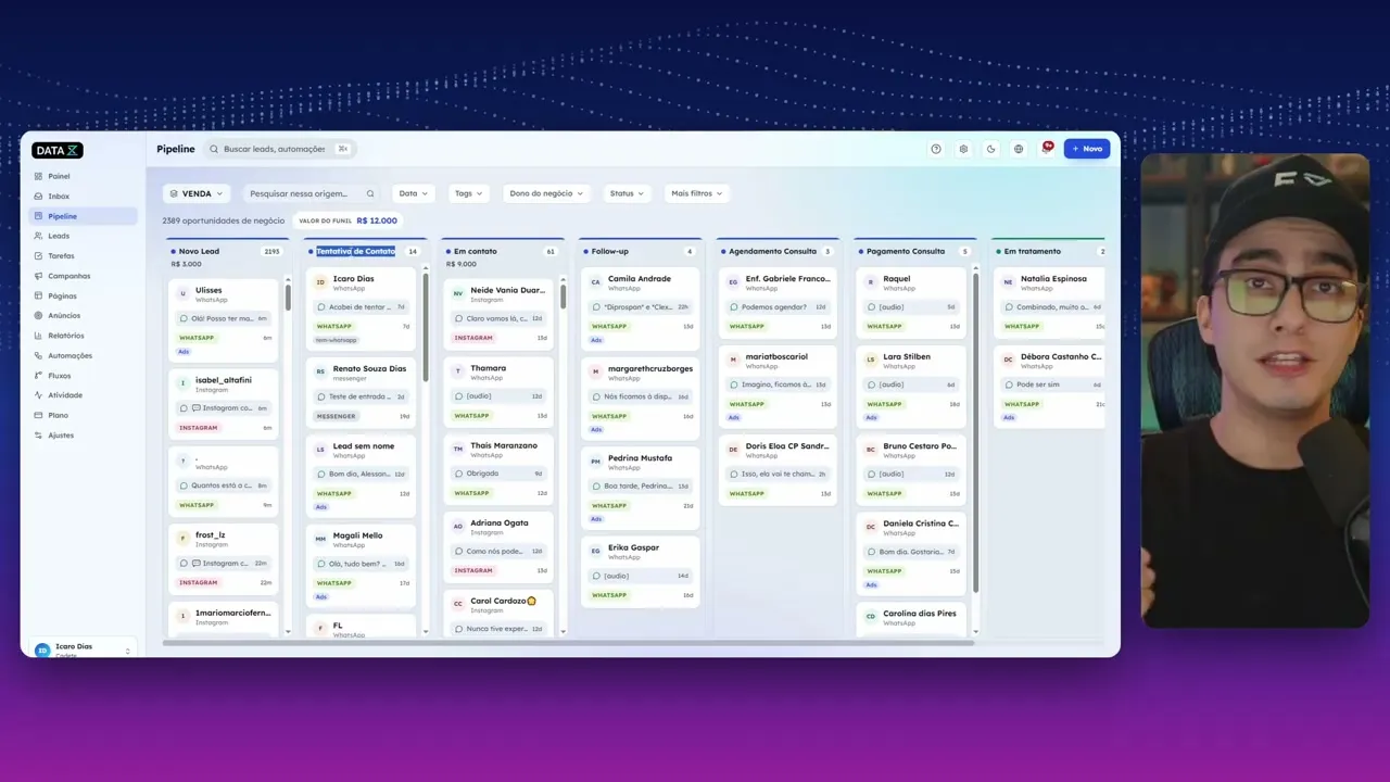 Pipeline de vendas de uma clínica no DataXZ CRM, com as colunas novo lead, tentativa de contato, em contato, follow-up, agendamento da consulta, pagamento da consulta e em tratamento