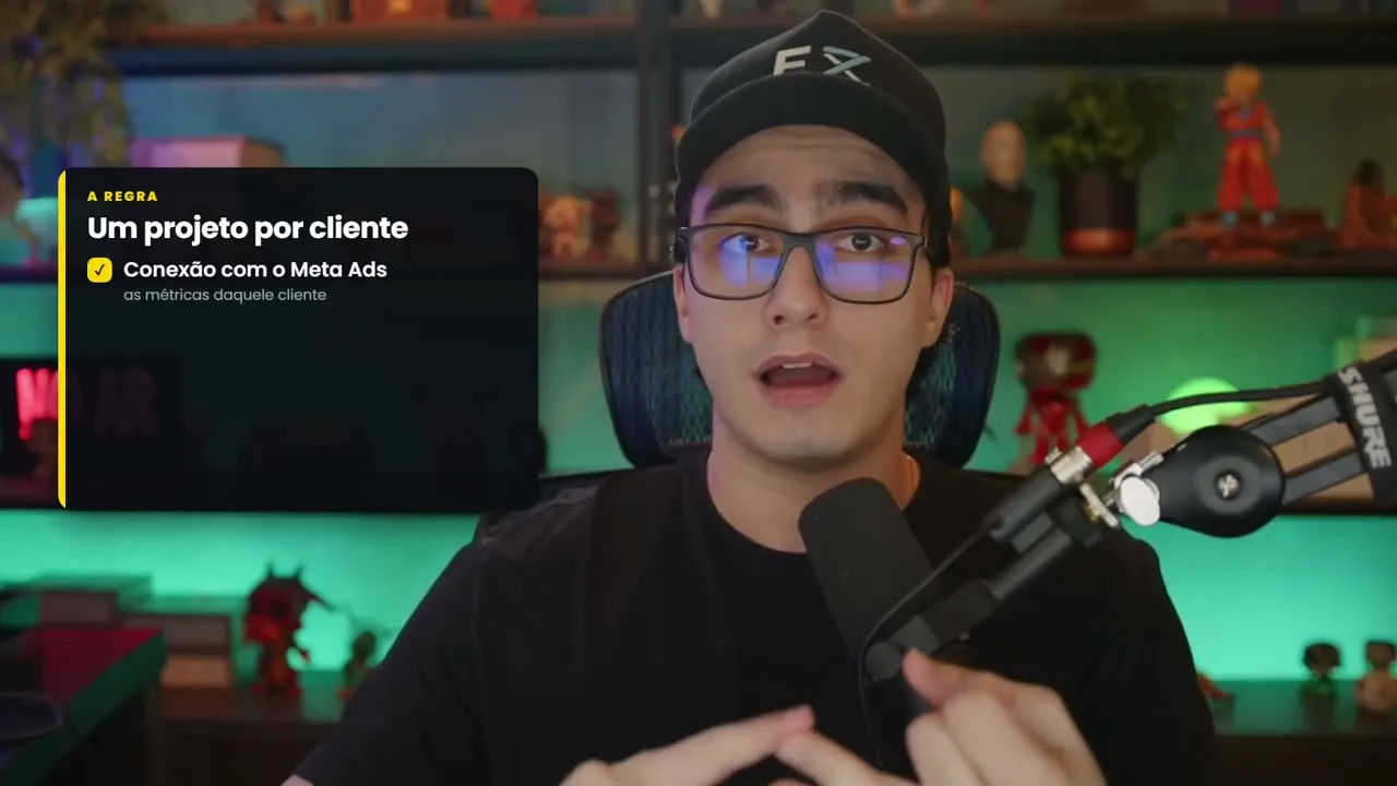 Card do vídeo com a regra um projeto por cliente no Claude e a conexão com o Meta Ads trazendo as métricas daquele cliente